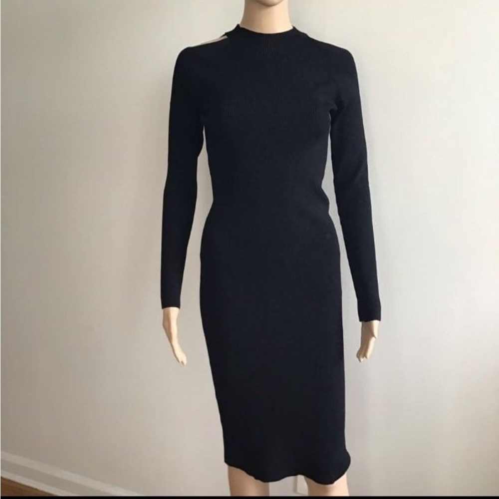 Vince Black Open Shoulder Dress Ribbed Long Sleeve Size S